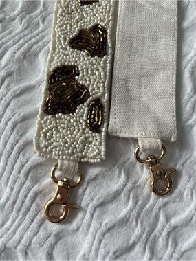 Beaded White Bag Strap with Gold Accents